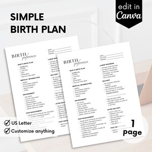 Birth Plan Template, Simple Birth Plan, Hospital Birth Plan, Digital Download, Minimalist Design, Birth Plan Canva, Labour Delivery