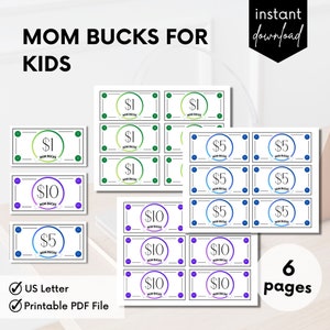 Mom Bucks Printable, Behavior Bucks, Chore Bucks, Allowance Play Money, Kids Reward Tickets Printable, Kids Reward Coupons, Good Behavior