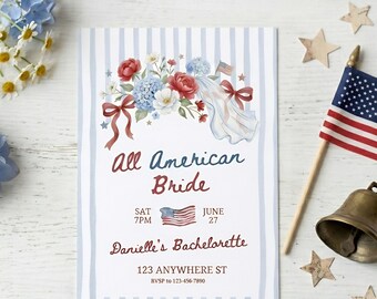 All American Bride Bachelorette Invitation, Independence Day Bach Invite, Editable 4th of July Bach Evite Printable Canva
