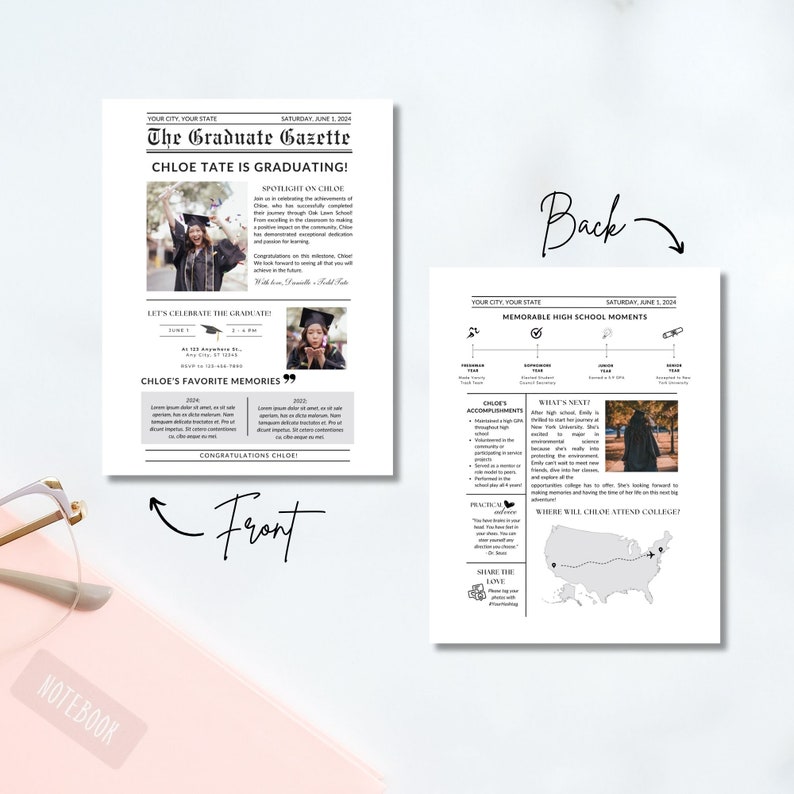 Pode incluir: Um modelo de jornal de an&uacute;ncio de gradua&ccedil;&atilde;o com um design em preto e branco. A primeira p&aacute;gina apresenta uma foto de um graduado em toga e capelo e o texto "The Graduate Gazette" e "Chloe Tate is Graduating!" A contracapa apresenta uma linha do tempo de momentos memor&aacute;veis do ensino m&eacute;dio, um mapa dos Estados Unidos e o texto "Onde Chloe ir&aacute; para a faculdade?"