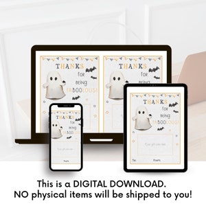 May include: Printable digital download of three thank you cards featuring a cute ghost illustration with the text "Thanks for being faboolous!" in orange and black. The cards are perfect for Halloween parties or events.