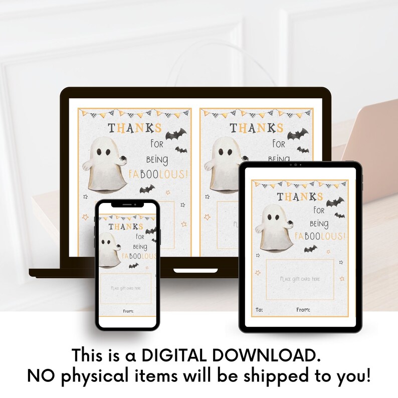 May include: Printable digital download of three thank you cards featuring a cute ghost illustration with the text "Thanks for being faboolous!" in orange and black. The cards are perfect for Halloween parties or events.