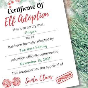 Certificado de adopción de elfo navideño, carta de elfo, carta de llegada de elfo, plantilla de certificado de adopción editable, carta de bienvenida de elfo, carta de Papá Noel