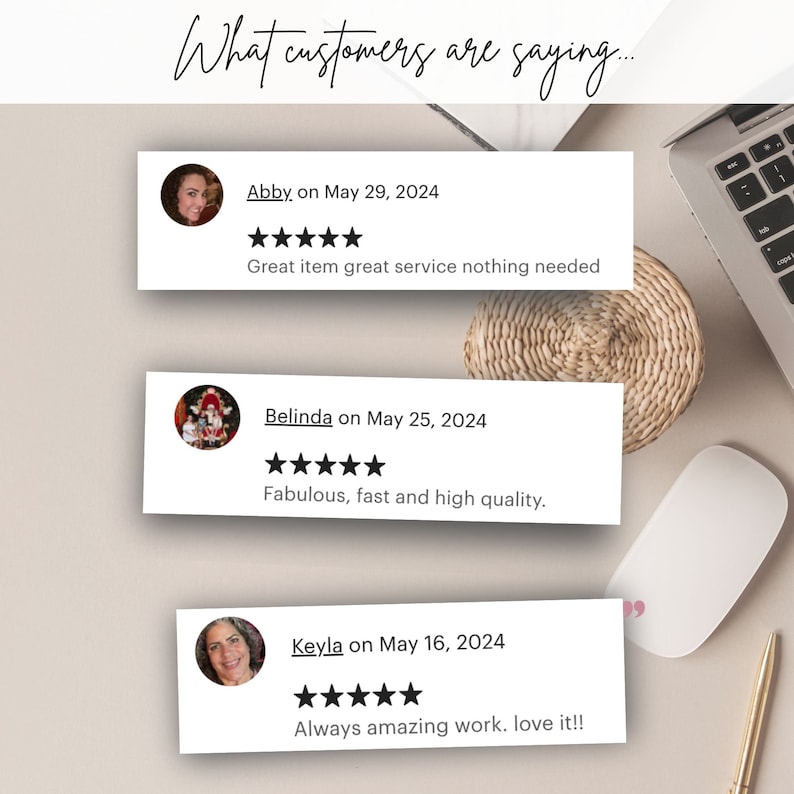 May include: Three customer reviews with five-star ratings and positive comments. The reviews are for a product or service. The reviews are from Abby on May 29, 2024, Belinda on May 25, 2024, and Keyla on May 16, 2024.