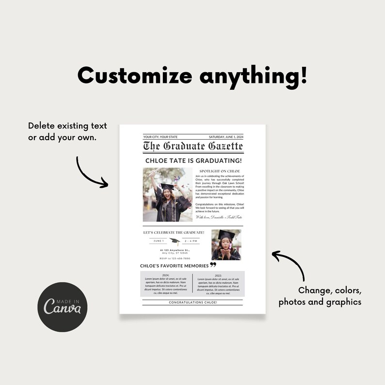 Pode incluir: Um modelo de an&uacute;ncio de gradua&ccedil;&atilde;o personaliz&aacute;vel no estilo de um jornal. O modelo apresenta um design em preto e branco com o texto "The Graduate Gazette" e "Chloe Tate is Graduating!" O modelo tamb&eacute;m inclui duas fotos do graduado, um destaque nos feitos do graduado e uma se&ccedil;&atilde;o para mem&oacute;rias favoritas.