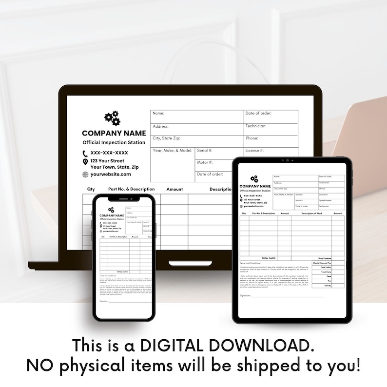 May include: A digital download of a printable inspection form for an official inspection station. The form includes fields for customer information, vehicle details, and inspection results. The form is designed for use by mechanics and technicians.