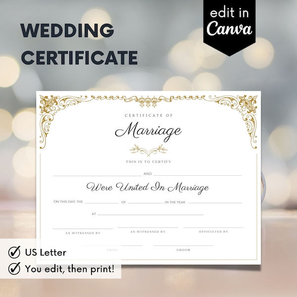 Wedding Keepsake,  Editable Wedding Certificate, Certificate Of Marriage Printable, Modern Wedding Certificate Template, Fully Editable
