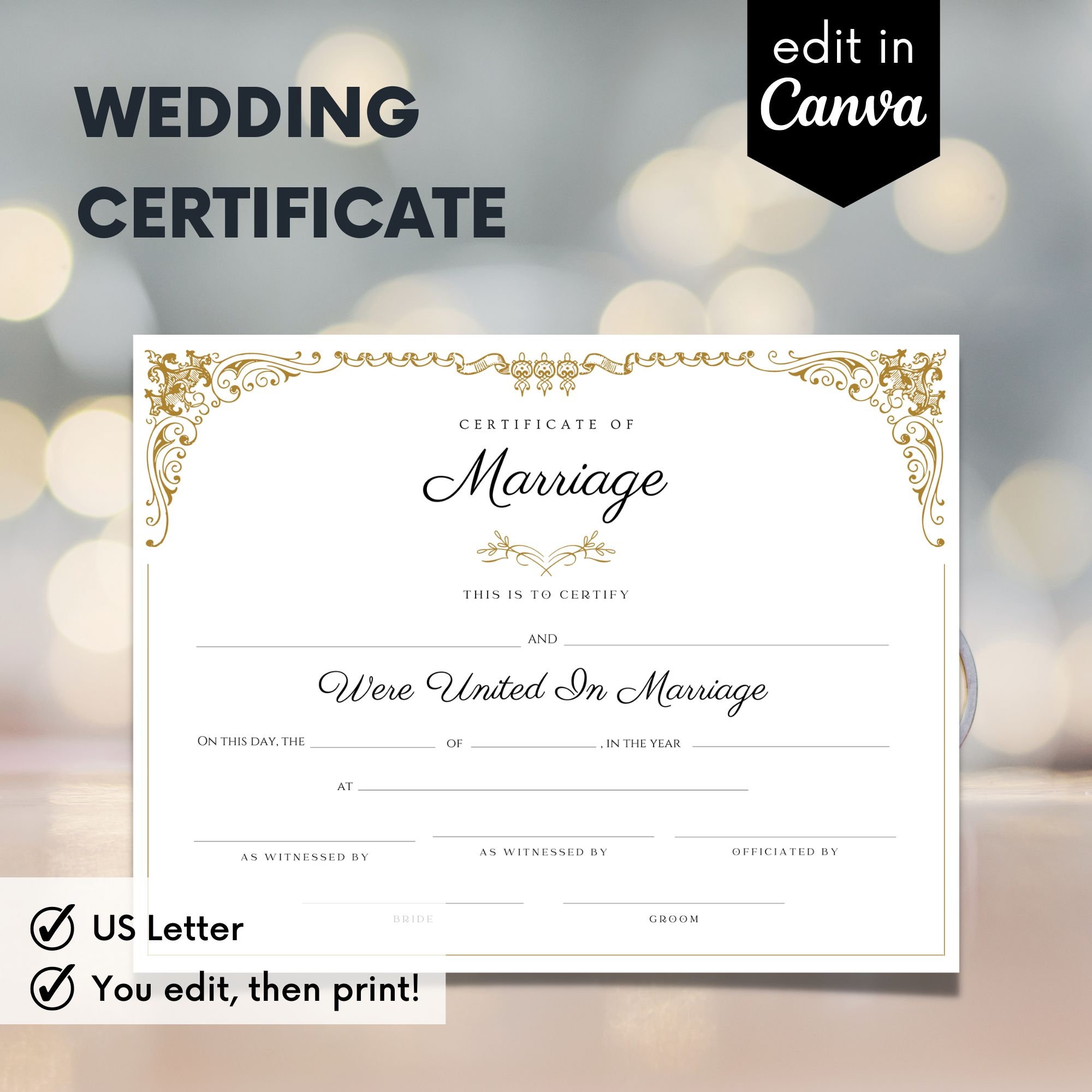 Recuerdo de boda, certificado de boda editable, certificado de matrimonio  imprimible, plantilla de certificado de boda moderna, totalmente editable -  Etsy México, image size:2000x2000