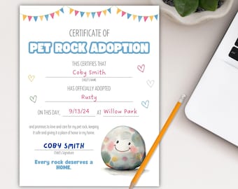 Pet Rock Adoption Certificate, Pretend Pet, Cute Desk Pet, Gift For Friends, Instant Download