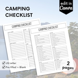 Bearbeitbare Camping Checkliste, Vorlage Canva, Camp Liste, druckbare Checkliste, sofortiger Download