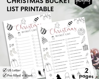 Può includere: Due pagine stampabili di lista di cose da fare a Natale con illustrazioni in bianco e nero. La pagina di sinistra è vuota e la pagina di destra contiene un elenco di attività natalizie da fare.