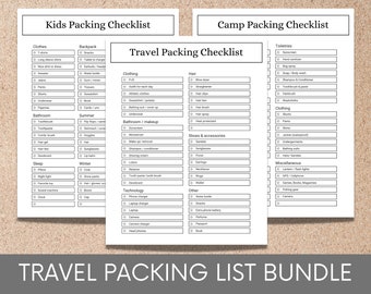 May include: A printable travel packing checklist bundle with three checklists: Kids Packing Checklist, Camp Packing Checklist, and Travel Packing Checklist. Each checklist has a list of items to pack for a trip, organized by category.