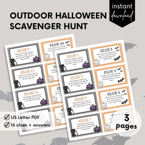 Printable Halloween Scavenger Hunt, Printable For Kids, Fall Party Game, Treasure Hunt Clues, Halloween Game For Kids, Printable Pdf