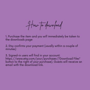Puede incluir: Instrucciones para descargar art&iacute;culos digitales comprados en Etsy. Etsy confirma el pago y proporciona un enlace de descarga.