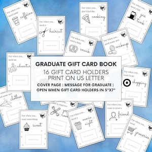 College Graduate Gift Card Book, afstudeercadeaukaarthouderset, afdrukbaar cadeaubon boek voor college zorgpakket, cadeaubon fotoalbum