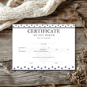 Adoptiecertificaat huisdier, geboorteakte huisdier, hondencertificaat, afdrukbare geboorteakte huisdier, Instant download