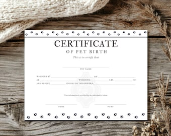Pet Adoption Certificate, Pet Birth Certificate, Dog Certificate, Printable Pet Adoption Birth Certificate, Instant Download