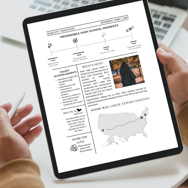 Pode incluir: Uma lista de verifica&ccedil;&atilde;o imprim&iacute;vel em preto e branco para um graduado do ensino m&eacute;dio. A lista de verifica&ccedil;&atilde;o inclui uma linha do tempo das conquistas do ensino m&eacute;dio, uma se&ccedil;&atilde;o para planos futuros e um mapa dos Estados Unidos com um avi&atilde;o voando sobre ele. O texto "Onde Chloe ir&aacute; para a faculdade?" est&aacute; na parte inferior da p&aacute;gina.