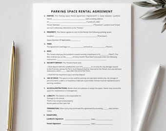 Parking Space Lease Agreement Template, Rental Contract, Printable Form, Instant Download, Easy to Use, User-Friendly PDF