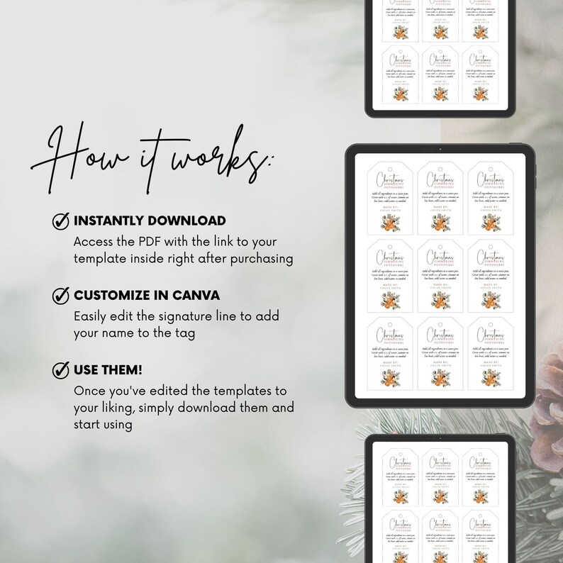 May include: A digital screen showing a how-to guide for using a Christmas gift tag template. The guide explains how to instantly download the template, customize it in Canva, and use it. The screen also shows a preview of the gift tag template, which features a white background with a festive orange and green design.