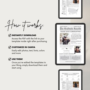 Pode incluir: Uma ilustra&ccedil;&atilde;o digital de um modelo de an&uacute;ncio de gradua&ccedil;&atilde;o para Canva. O modelo apresenta um design de jornal com uma manchete que diz "The Graduate Gazette" e um subt&iacute;tulo que diz "Chloe Tate is Graduating!" O modelo tamb&eacute;m inclui uma foto de um graduado em beca e capelo, uma lista de momentos memor&aacute;veis do ensino m&eacute;dio e uma se&ccedil;&atilde;o para mem&oacute;rias favoritas.