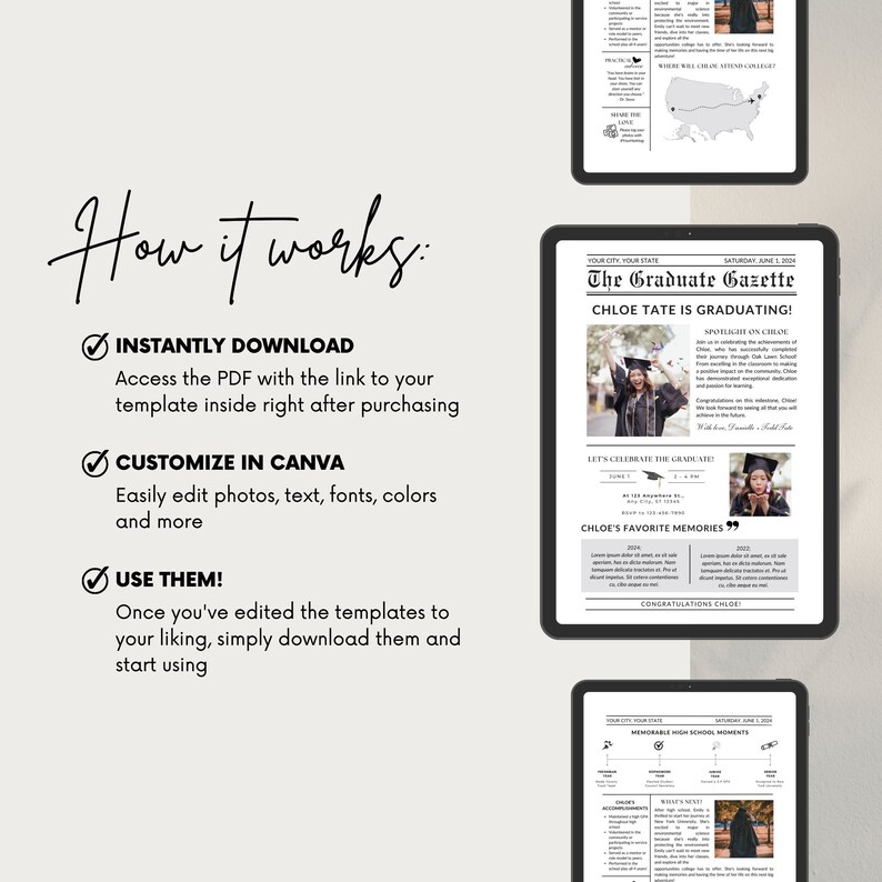 Pode incluir: Uma ilustra&ccedil;&atilde;o digital de um modelo de an&uacute;ncio de gradua&ccedil;&atilde;o para Canva. O modelo apresenta um design de jornal com uma manchete que diz "The Graduate Gazette" e um subt&iacute;tulo que diz "Chloe Tate is Graduating!" O modelo tamb&eacute;m inclui uma foto de um graduado em beca e capelo, uma lista de momentos memor&aacute;veis do ensino m&eacute;dio e uma se&ccedil;&atilde;o para mem&oacute;rias favoritas.
