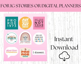 Può includere: Un set di adesivi per planner digitali con messaggi a favore della scelta. Gli adesivi presentano frasi come "Pro Roe 1973", "I nostri corpi, la nostra scelta", "Mente il tuo utero", "Pro donne, pro scelta", "L'aborto è assistenza sanitaria", "Le ragazze vogliono solo avere diritti umani fondamentali", "Non è il tuo utero, non è il tuo problema", e "Sono in disaccordo".