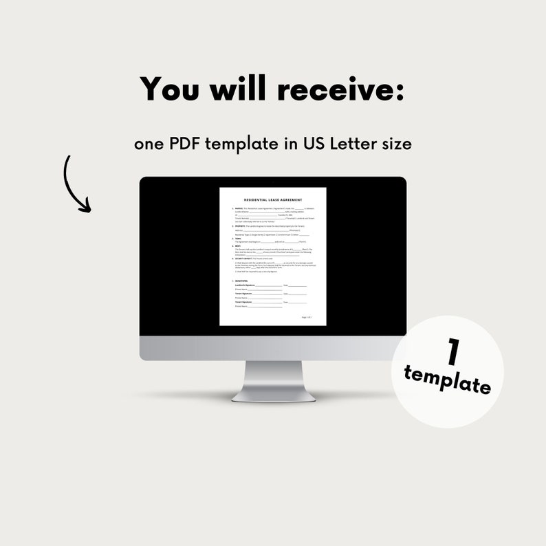 May include: A computer screen displaying a residential lease agreement template in US Letter size. The text "1 template" is displayed in a white circle on the right side of the image.