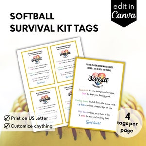 Tagi smakołyków do softballu, prezenty do softballu do wydrukowania, etykieta do wydrukowania prezentu do softballu, zestaw przetrwania do softballu do wydrukowania, edytowalna etykieta na szczęście do softballu