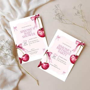 Kokette Kirsche Einladung, Kirsche Babyparty einladen, Canva bearbeitbar, französisches Thema, Henne Wochenendausflug, Geburtstag einladen