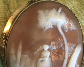 Carved Cameo Broach Woman in Landscape