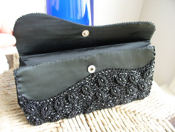 Vintage Black Satin Beaded Evening  Clutch Purse - image 3