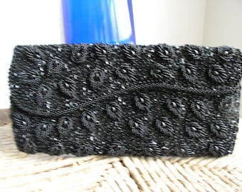 Vintage Black Satin Beaded Evening  Clutch Purse