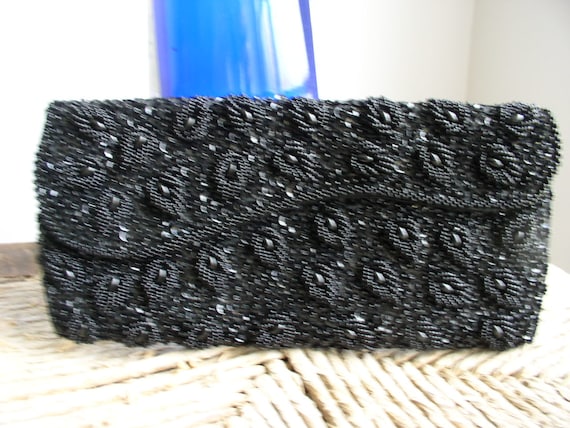 Vintage Black Satin Beaded Evening  Clutch Purse - image 1