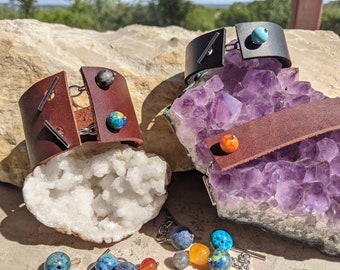 Leather cuff bracelets Earth Sun Moon semi precious stone cufflinks