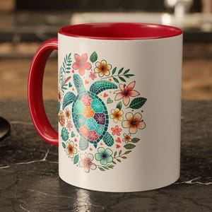 Floral Turtle Coffee Mug: Colorful Spring Summer Cup, Ocean Lover, Beach Lover, Unique Design