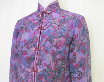 Floral Silk Asian Jacket: Mandarin Collar, Frog Closures, Size Small
