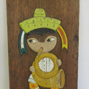 Retrato de niño músico en pintura mexicana moderna de mediados de siglo Arte del suroeste Panel de madera