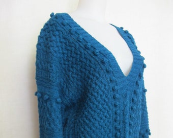 Handknit Sweater Silk Wool  Slouchy Loose Oversize Peacock Blue Bulky Sweater V Neck