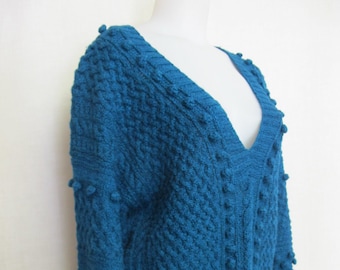 Handknit Turquoise Silk Wool Sweater: Peacock Blue Cable Knit V-Neck