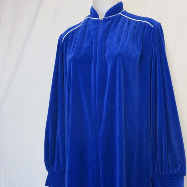 Velour Velvet Robe Evelyn Pearson Robe House Dress 1970's Royal Blue Zipper Front M/L