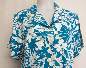 Hawaiian Blouse Tropical Print  Silk Floral Blouse
