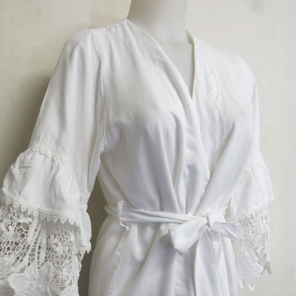 White Cotton Robe Crochet Lace Soft Cotton Jersey XS/Small