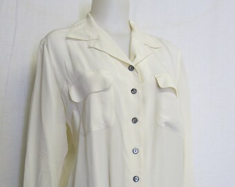 White  Silk Blouse Long Sleeve Ivory Ecru M/L Luxury