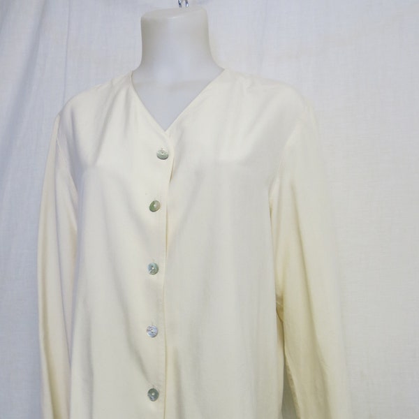 White Silk Tunic Blouse Long Sleeve Ivory Ecru Medium Luxury