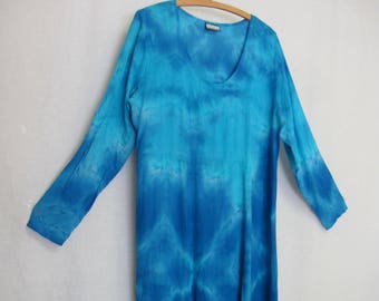 Tie Dye Hippie Dress Blue Tent Dress Medium Rayon Summer Dress