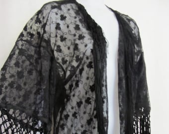 Black Lace Fringe Kimono: Vintage Boho Cover-Up