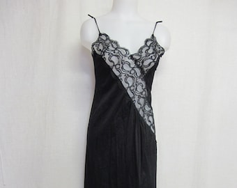 Camicia da notte in pizzo nero e nylon - Abito lungo anni '70