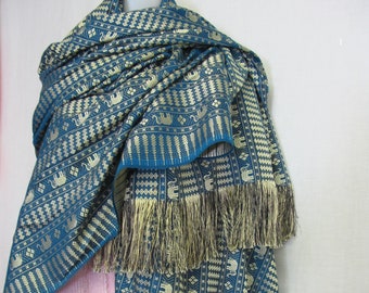Turquoise Brocade Fringe Shawl: Boho Elephant Design