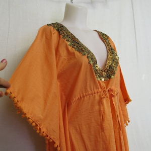 Peasant Tunic Cotton Boho Long Oversize Orange Cotton